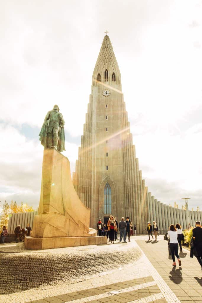 A statue of Leif Erikson in front of Hallgrímskirkja