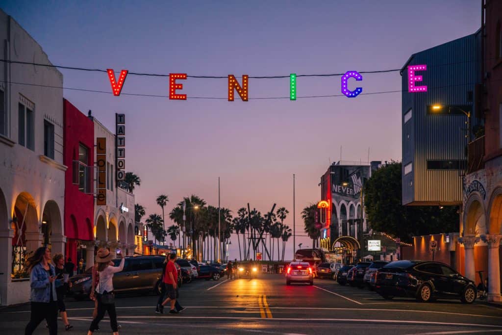 The landmark Venice Sign at sunset