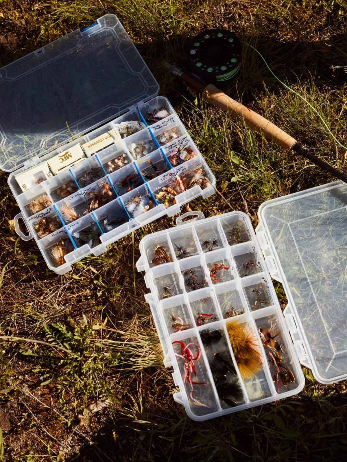 Tackle boxes full of trout flies