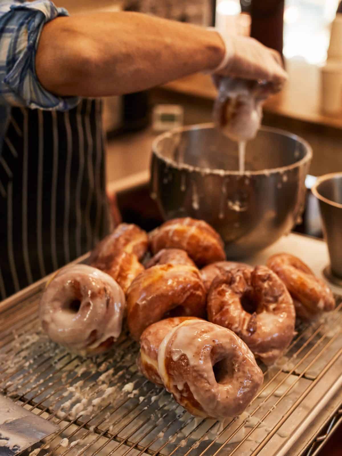 Freshly glazed doughnuts at Windmill Village Bakery
