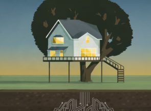 An illustration of a house with circuit board roots.