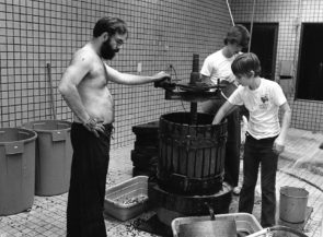 A man and his two young sons using a wine press.