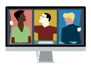 An illustrated Mac computer showing three people hugging each other.