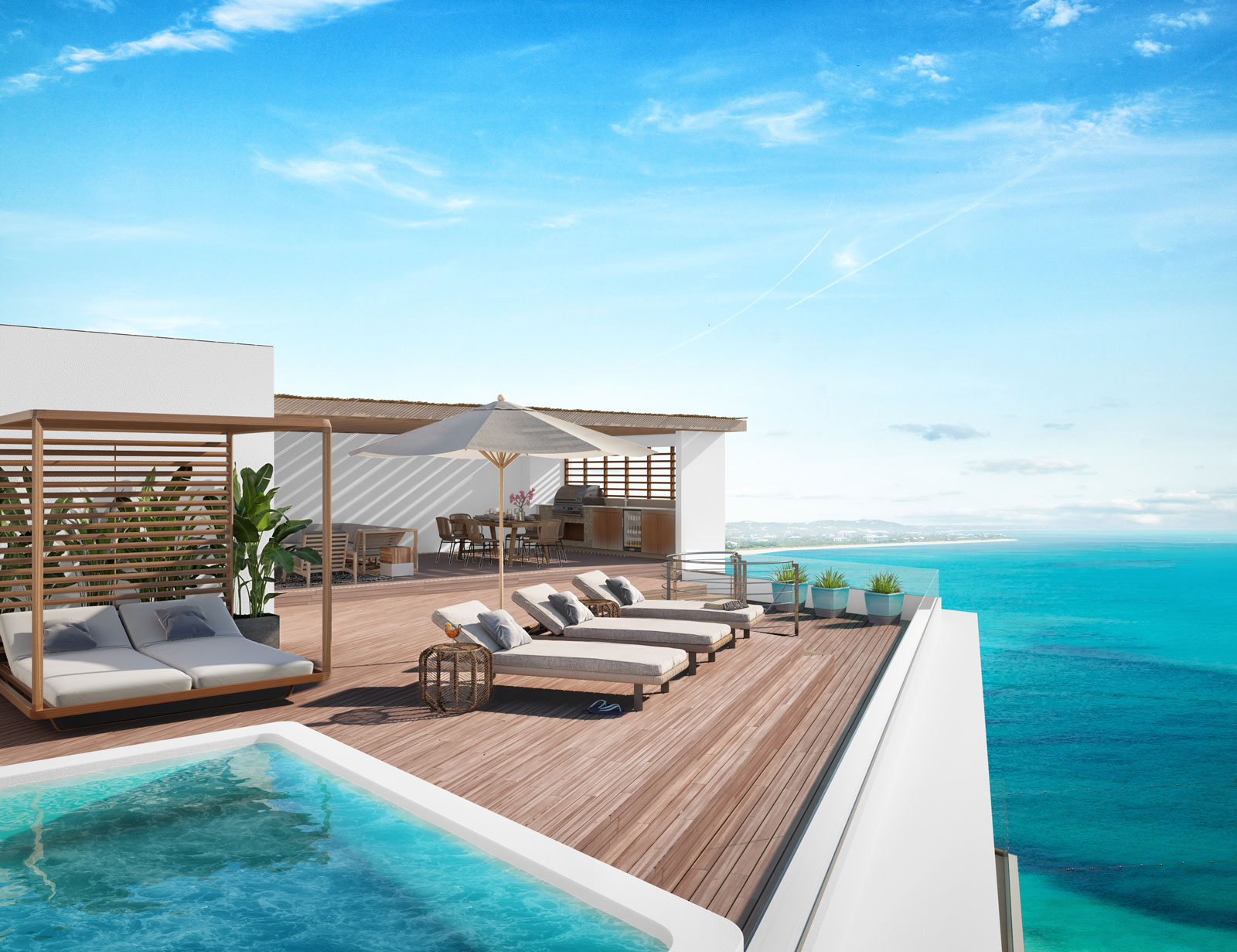 A render of a sun deck with loungers and a pool, overlooking the ocean.