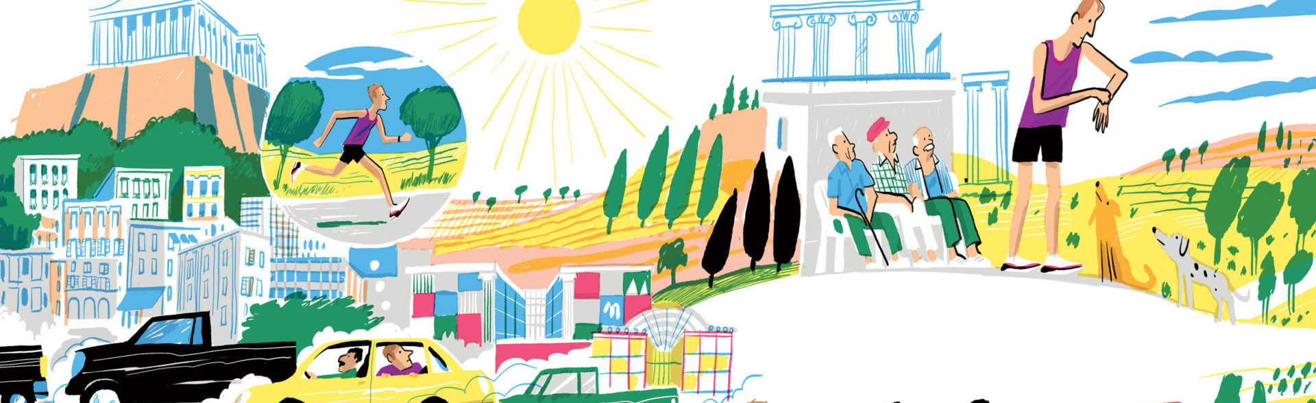 An illustration depicting stages of the Athens Marathon.