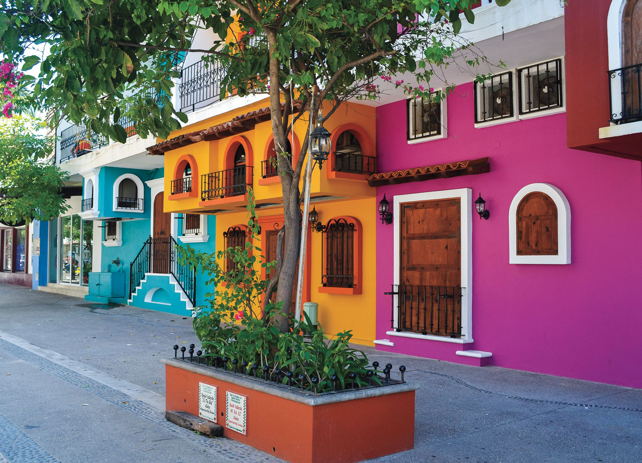 Colorful buildings with wooden door and window shutters.