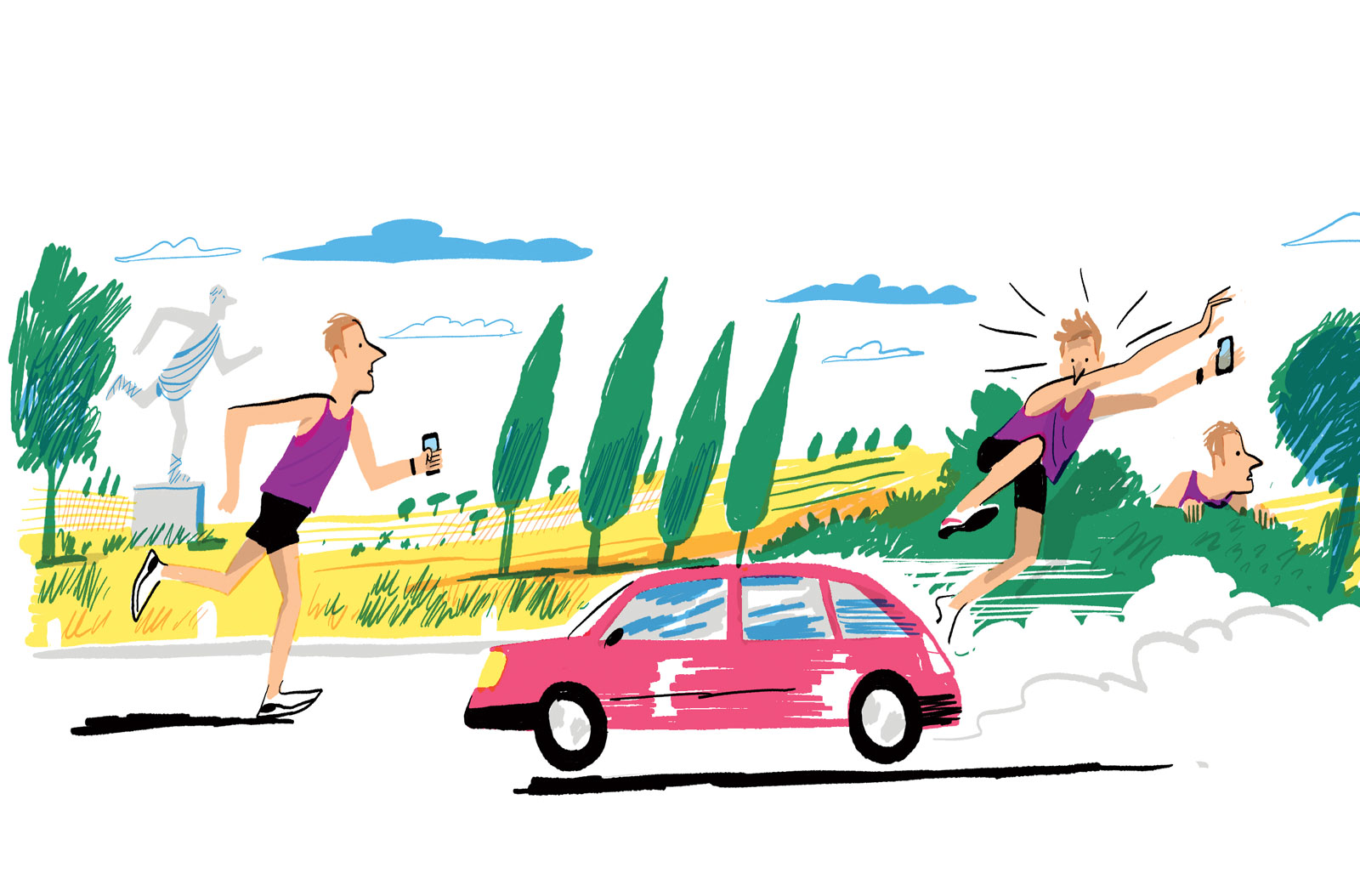 An illustration depicting a running man jumping out of the way of a car.