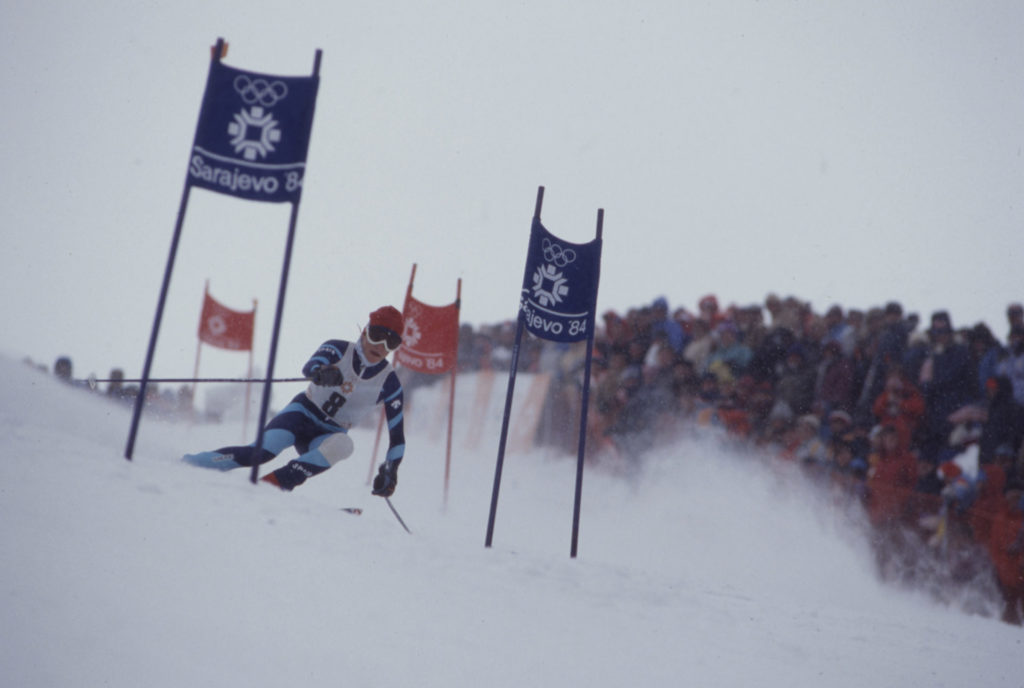 A person participating in a skiing race.
