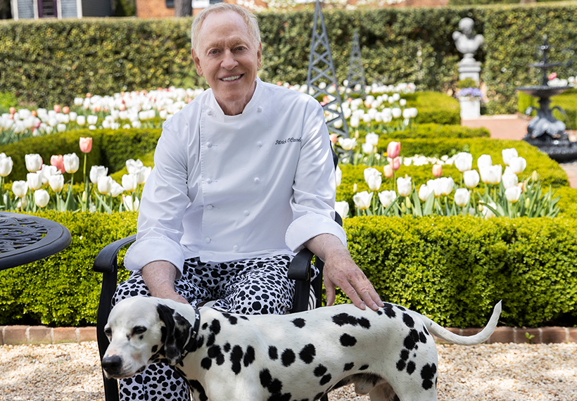 Chef O’Connell matches a Dalmatian while wearing his signature dotted pants.
