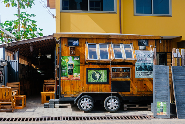 A mobile drink cart at the trendy Pallet Kitchen in Accra