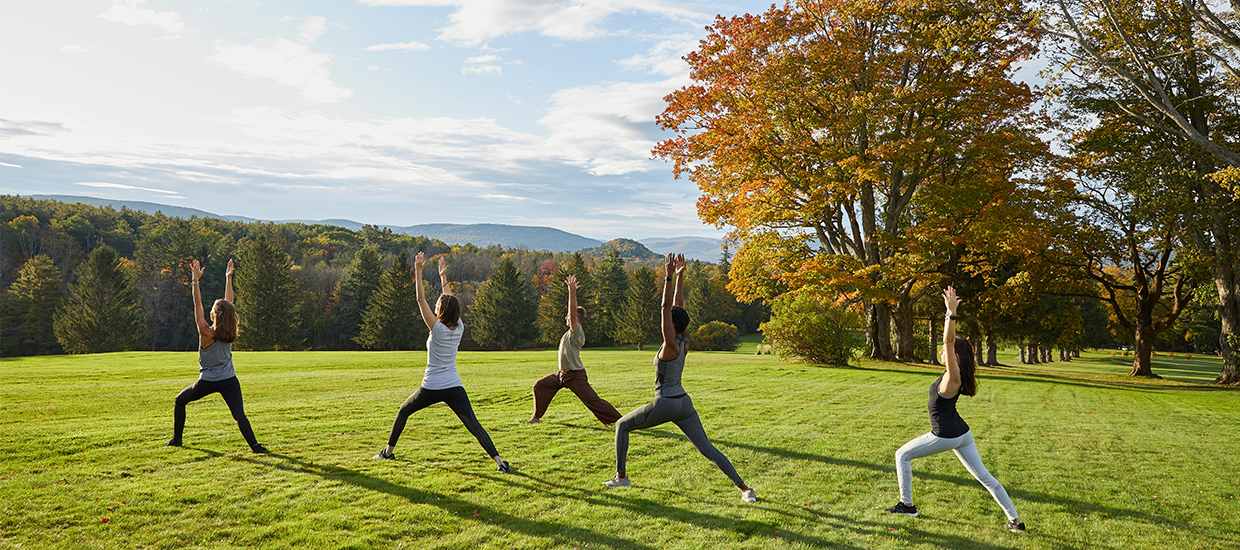 A yoga class enjoys the beautiful Berkshire view