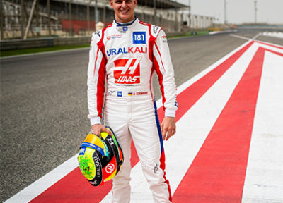 Young Schumacher wearing full gear on a race track